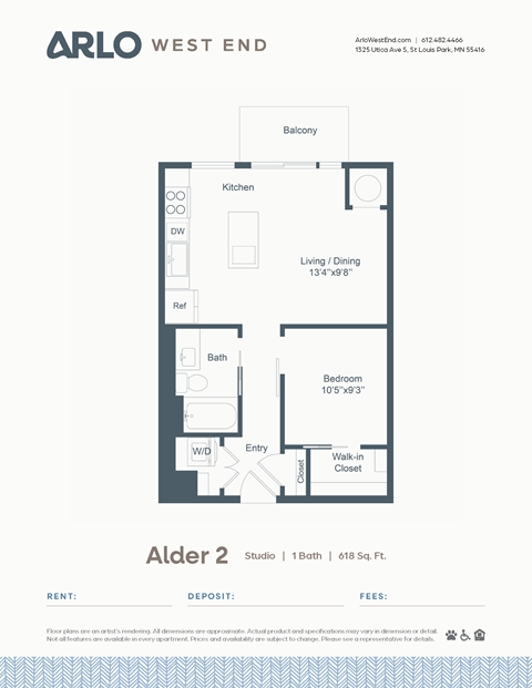 Floor plan for studio, 1 bath, 618 sqft